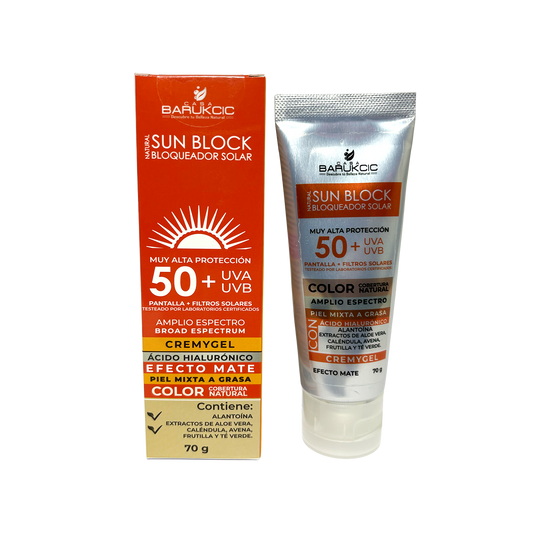 NATURAL SUN BLOCK SPF 50+ 70G (BLOQUEADOR SOLAR) PIEL MIXTA A GRASA CON COLOR